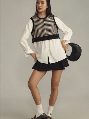Maeve Long-Sleeve Linen Twofer Sweater Vest Top